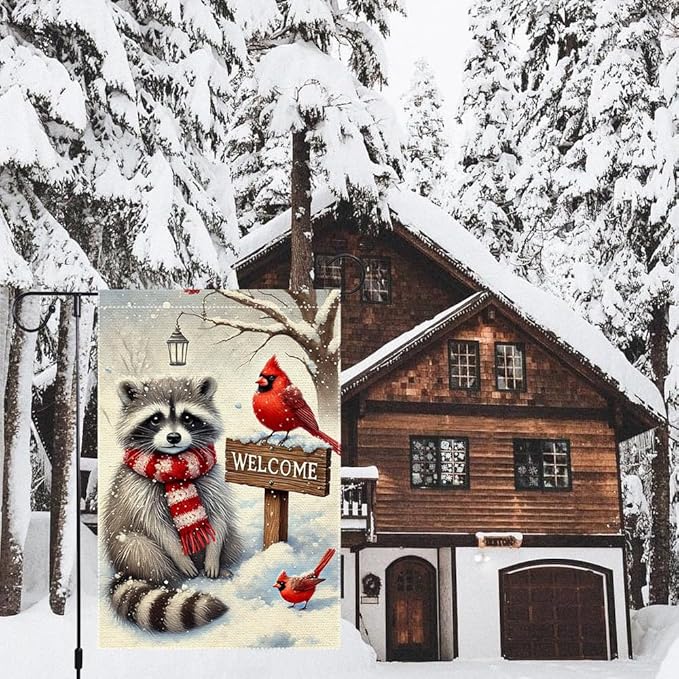 Winter Garden Flag 12x18 Inch Double Sided Burlap Welcome Raccoon Cardinal Snow Outdoor Yard Decoration Small Seasonal Christmas Holiday Farmhouse Porch Flag