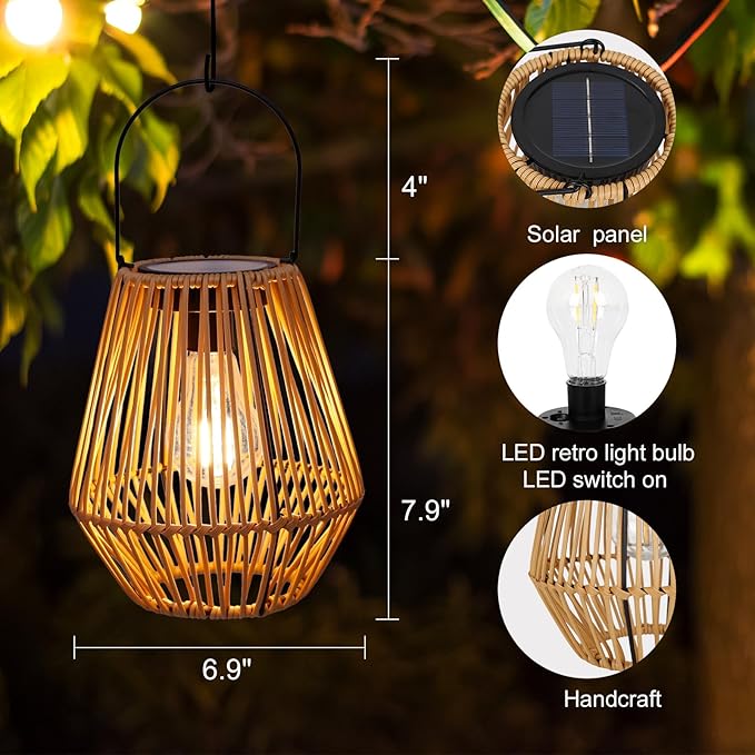 Solar Lanterns,Livinlarge Solar Lights Outdoor Waterproof Boho Light for Outside Hanging Rattan Lantern Decoration for Garden,Yard,Patio,Porch,Trees,Lawn,Pathway,1 Pack