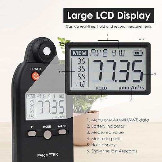PAR Meter for led Grow Lights High Precision Quantum Sensor Par Light Meter PPFD Tester for Measuring Plants Photosynthetic Activity in 400-700nm Par Meter Light Lux Tester