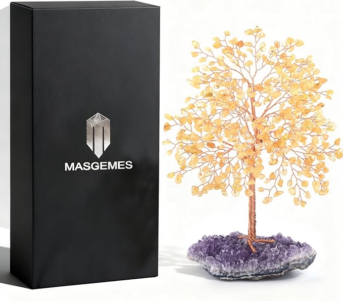 MASGEMES Gemstone Crystal Tree of Life,Natural Citrine(406 Stones Count) with Amethyst Cluster Base,Chakra Healing Crystals Positive Energy Fengshui Bonsai Money Tree Gift 8.5"-9"
