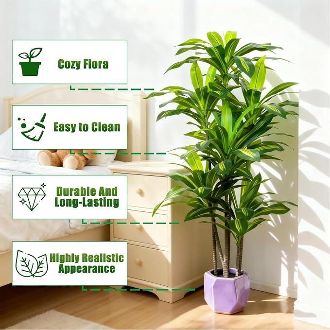 Dracaena Artificial Plant Indoor 5FT - Tall Faux Floor Plant in Pot - Large Tropical Fake Tree with Lifelike Leaves - Artificial Dracaena Tree for Home Office Living Room Decor