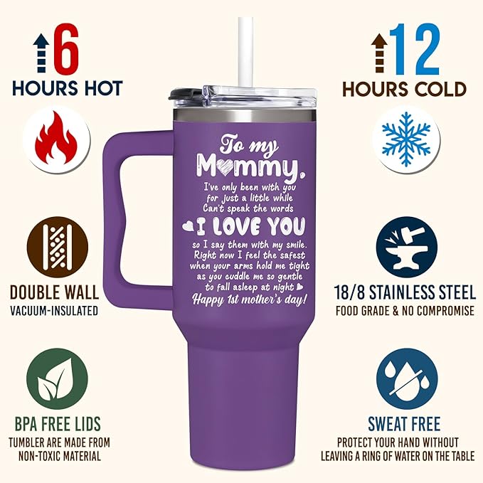 First Mothers Day Gifts For New Mom, Daughter From Baby, Sister, Son - 1st Mothers Day Gifts - First Time Mom Presents - Happy Mommy Day Gift Idea - Elephant 40Oz Tumbler With Handle Straw