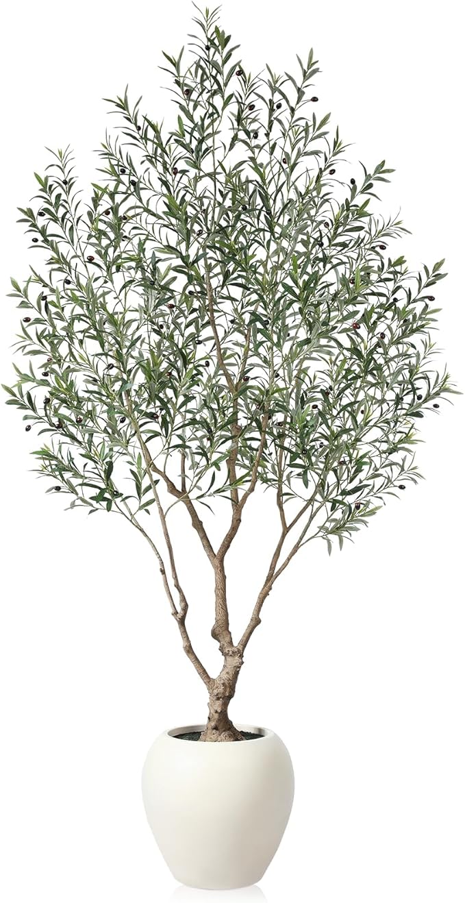 SOGUYI Olive Trees Artificial Indoor, 8 Feet Tall Faux Olive Tree with Round Artisan Planter, Premium Handmade, Realistic Trunk & Lifelike Leaves, Perfect for Large Spaces & Elegant Home/Office Decor