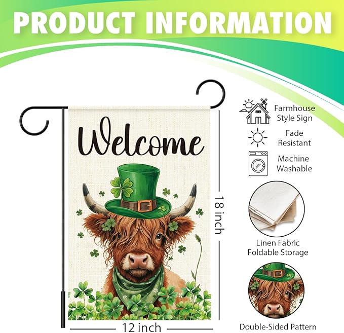 St Patricks Day Welcome Garden Flag 12x18 Inch Double Sided,Shamrocks Cow with Green Hat Outdoor Irish Decor House Porch Flag for St Patrick's Day Party and Yard Decorations