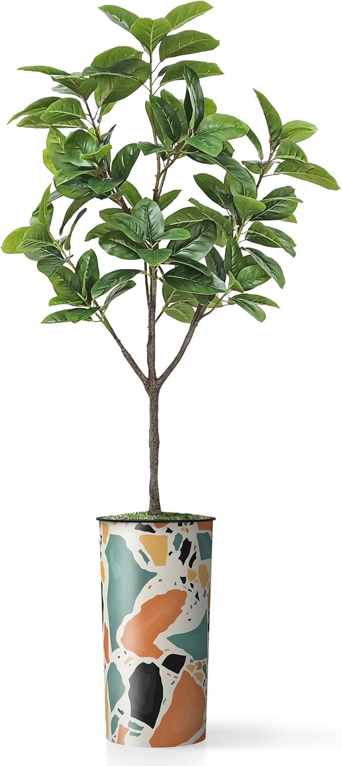 Artificial Tree in Modern Geometric Pattern Planter, Fake Rubber Silk TRE for Indoor and Outdoor Home Decoration - 70" Overall Tall (Plant Pot Plus Tree)