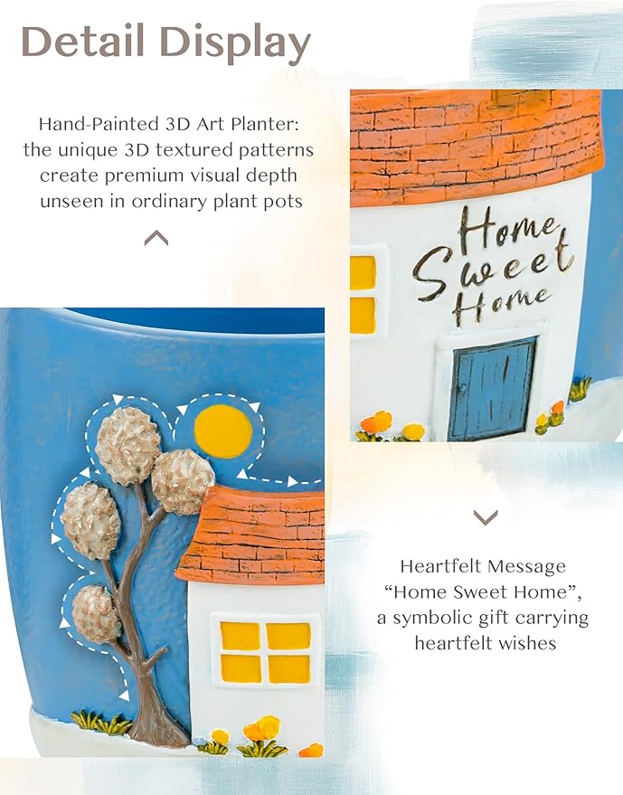 Afigurna New Home Gift Ideas: Home Sweet Home Plant Gift for Plant Lover - 5.3in Hand-Painted 3D Art Planter - Gardening House Warming Gift for New Apartment Christmas