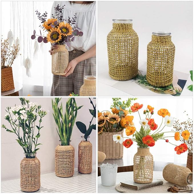 DOITOOL Rattan Vase Boho Woven Glass Vase, Country Rustic Style Wicker Floral Container, Farmhouse Flower Bottle for Floral Arrangements Housewarming Wedding Party Decoration (S+L)
