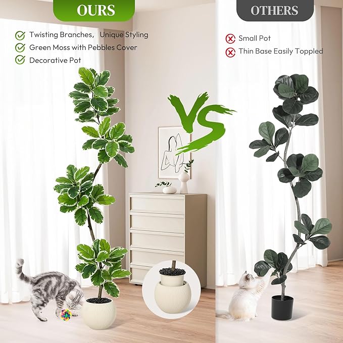GarveeHome Fiddle Leaf Fig Tree Artificial Indoor, 6 ft Tall Faux Rubber Tree with Sphere Planter, Tall Artificial Plants with Moss for Home Decor Office Living Room