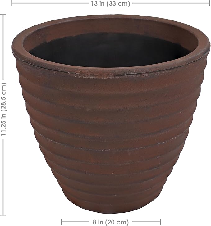 Sunnydaze Ribbed 13" Outdoor Plant Pot - Polyresin Double-Walled Planter for Indoor or Outdoor Use - Rust - Set of 4