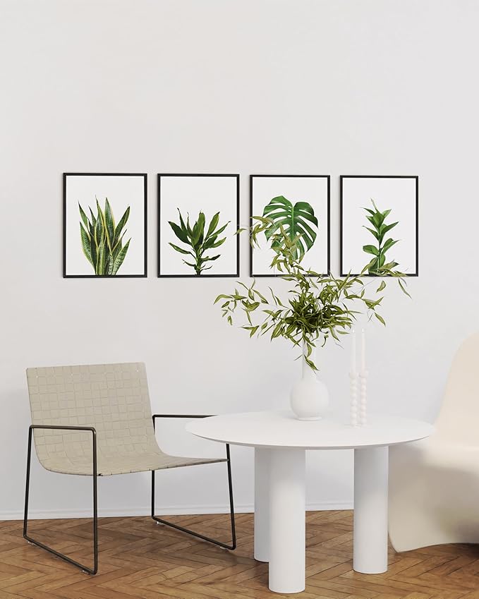 HAUS AND HUES Plant Wall Art - Set of 4 Green Plant Pictures Collection, Botanical Prints, Sage Green Leaves Paintings, Minimalist Wall Décor (16x20, Black Frame)