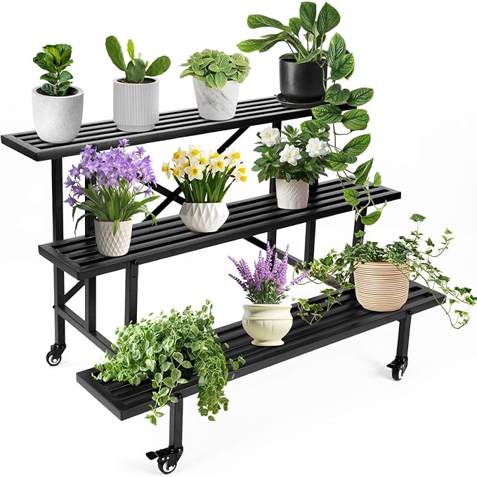 3-Tier Metal Plant Stand, 45.56”L x 26”W x 23.6”H - Heavy-Duty Rolling Tiered Plant Display Rack for Indoor, Outdoor & Patio Use