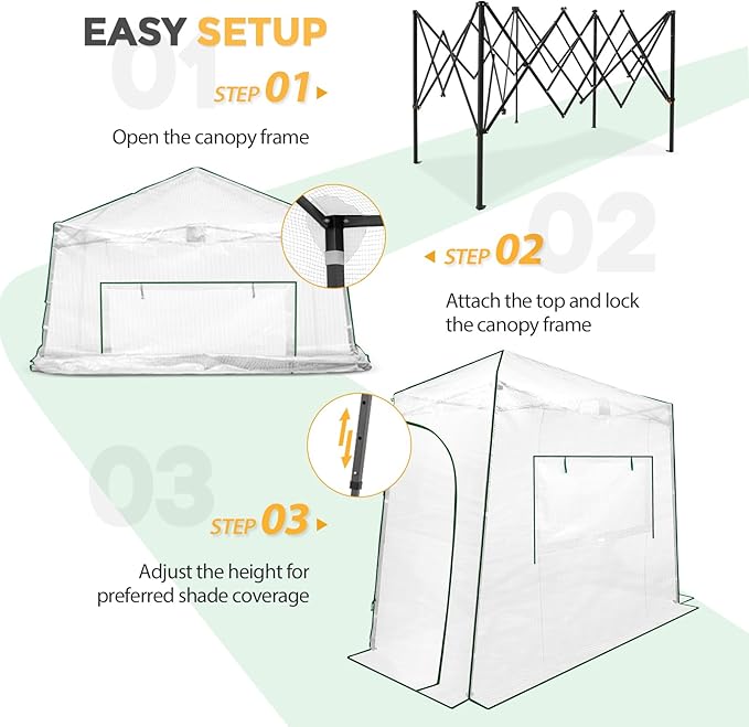 EAGLE PEAK Instant Pop-up Greenhouse, Indoor Outdoor Plant Gardening Green House, Roll-Up Zipper Doors and Side Windows, Lean-to 9x4 ft, PE Cover, White/Clear