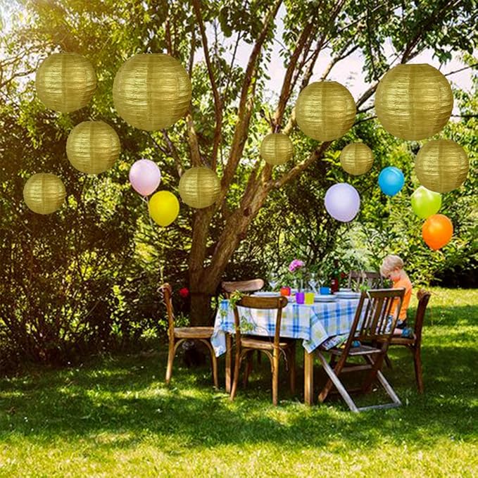 BEISHIDA Gold Round Paper Lanterns Decorative Hanging Chinese Japanese Paper Lanterns Lamp for Christmas New Years Birthday Wedding Baby Bridal Shower Home Decor Party Decoration（10 Packs）