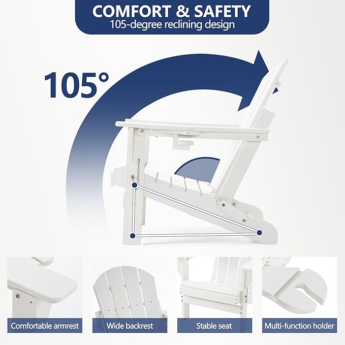 Folding Adirondack Chair Set with Side Table - HDPE Outdoor Patio Chairs, Weatherproof Chair with Reclining Back, Cup & Phone Holder, and 2-Tier Storage End Table for Firepit or Garden (White)