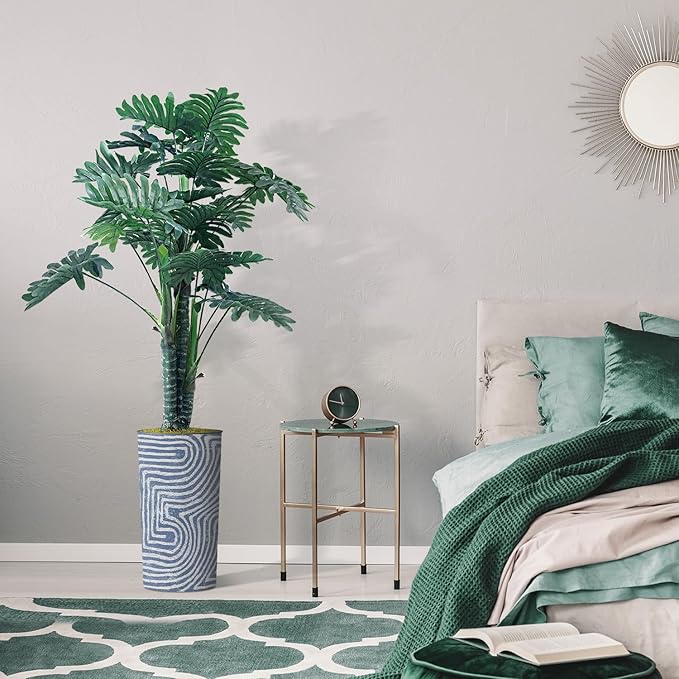 Artificial Tree in Contemporary Geometric Pattern Planter, Fake Philodendron Tree Silk Tree for Indoor and Outdoor Home Decoration - 70" Overall Tall (Plant Pot Plus Tree)