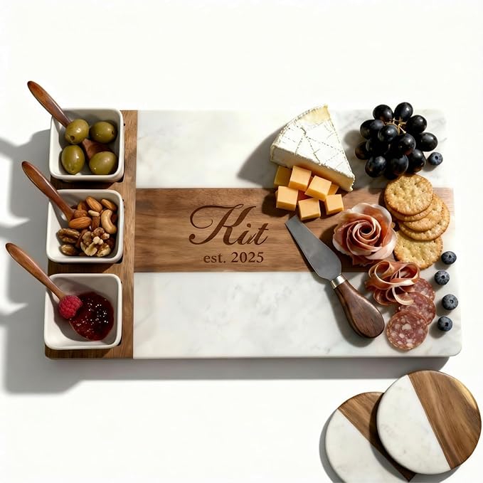 Personalized Charcuterie Board Set, Custom Engraved Marble Acacia Wood Cheese Board with Knife Set, Serving Board for Entertaining, Wedding, Housewarming & Anniversary Gifts