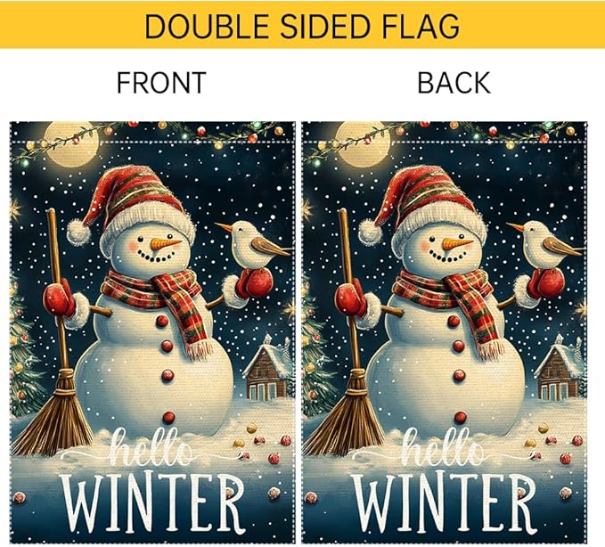 Hello Winter Garden Flag 12x18 Inch Double Sided Burlap Snowman Outdoor Yard Flag Holiday Christmas House Flag Seasonal Winter Welcome Banner Small Cute Lawn Porch Decoration