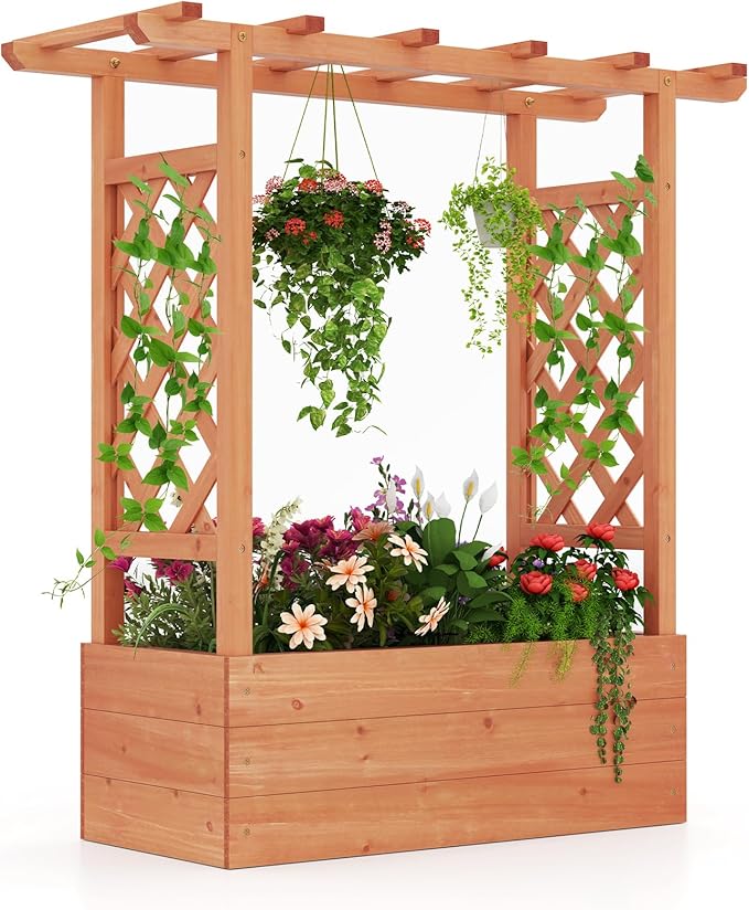 HAPPYGRILL Raised Garden Bed with Trellis, Freestanding Wood Planter Box w/Hanging Roof & 4 Drainage Holes for Vine, Climbing Plants, Flowers, Outdoor Planter with Trellis for Garden, Patio, Yard