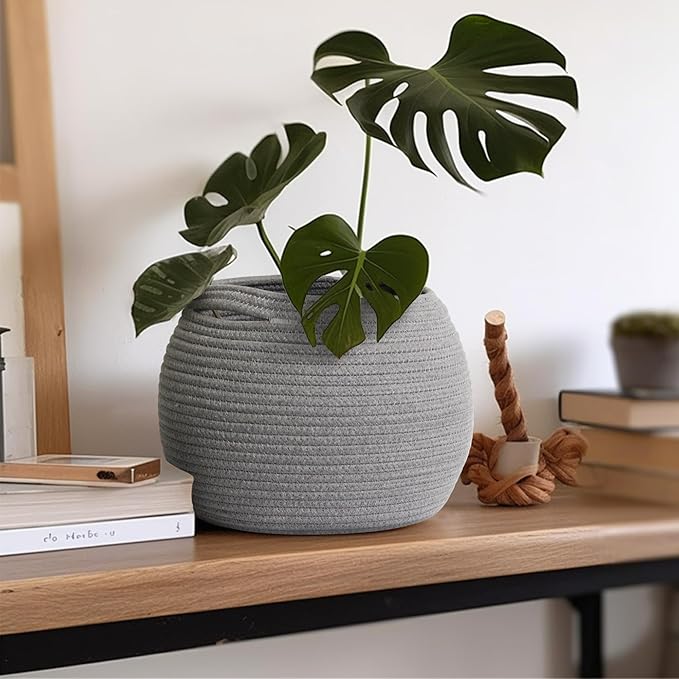 Gray Storage Basket for Decor, Round Plant Basket Indoor, Cute Baby Nursery Organizer, Small Wicker Cat Dog Toy Bin Box, Decorative Woven Cotton Rope Closet Bin, Kids Stuffed Animals Storage