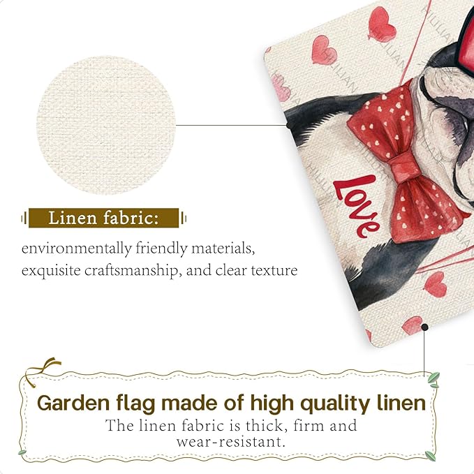 Valentine's Day Bulldog Hello Love Garden Flag, House Yard Plaid Love Heart Outside Decoration, Spring Holiday Wedding Anniversary Outdoor Small Decor 12x18(12637)