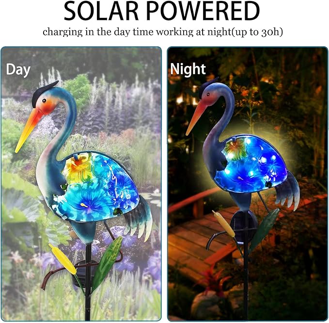 WUFEILY Heron Solar Garden Lights, Hand-Painted Glass Solar Garden Decor, Lawn Ornaments Solar Stake Lights Yard Art Solar Landscape Lights for Patio Lawn Yard Porch Decor