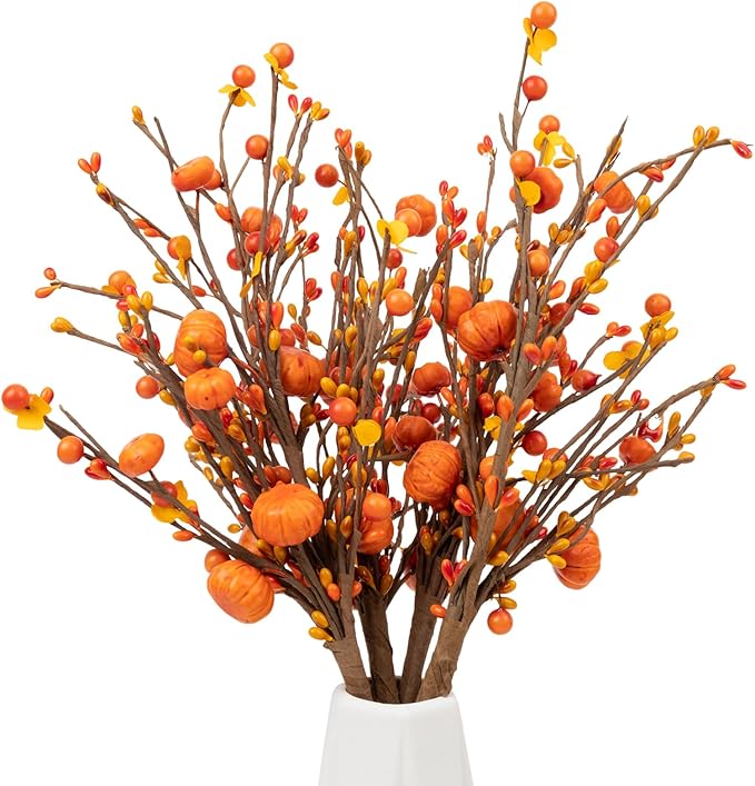 4Pcs Fall Artificial Berry Stems Orange Pumpkin Picks Fall Floral Picks Autumn Decor Thanksgiving Harvest Home Vase Festival Pumpkin Decor Thanksgiving Decorations