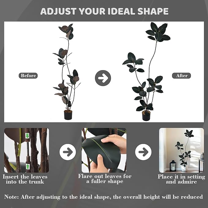 Artificial Rubber Tree 6FT with 33 Glossy Leaves & 5 Heads & Black Pot Cover with Coconut Fiber Realistic Tall Large Faux Tropical Ficus Elastica Plant 72 Inch for Indoor Home Modern Decor