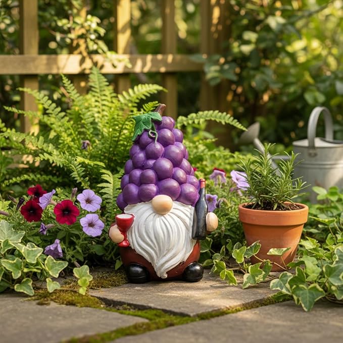 Funny Whimsical Garden Gnome Statue, 5.9 Inch Grape-Shaped Resin Decor with Wine Bottle & Glass, Outdoor/Indoor Yard Patio Ornament for Home Garden Decorations