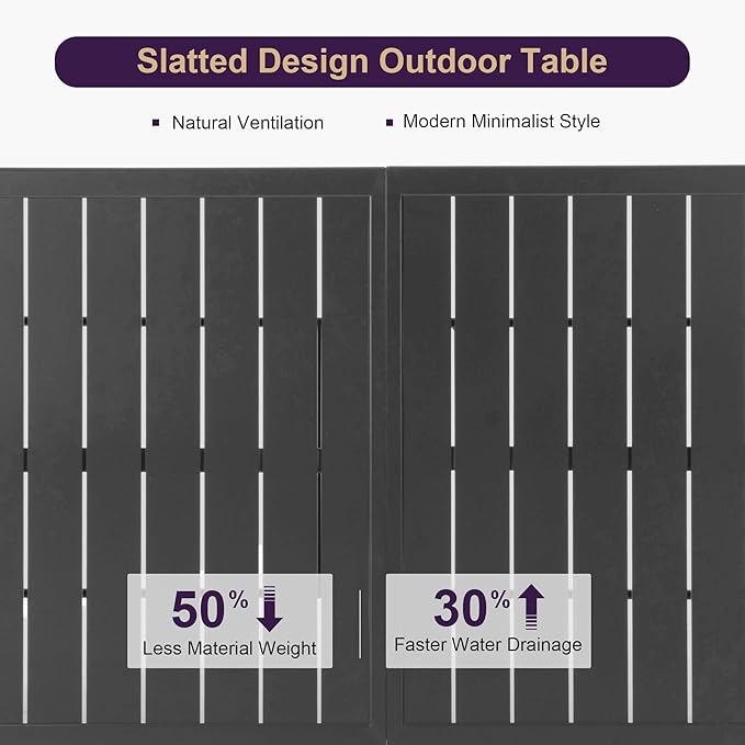 PURPLE LEAF Outdoor Dining Set for 8 with All-Aluminum Black Slat Table and Padded Folding Chairs Modern Patio Furniture Dining Table Set ldeal for Deck Under Pergola Poolside Outdoor Kitchen, Grey