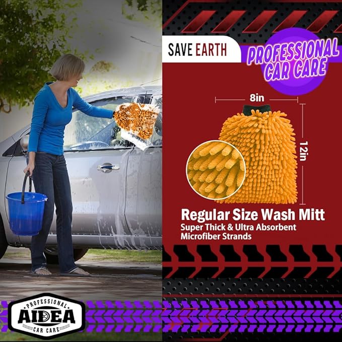 AIDEA Car Wash Mitt Microfiber, 2PK Scratch Free Lint-Free, Premium Chenille Microfiber Mitt Car Wash Brush, Orange, Extra Large Size 8''X12''