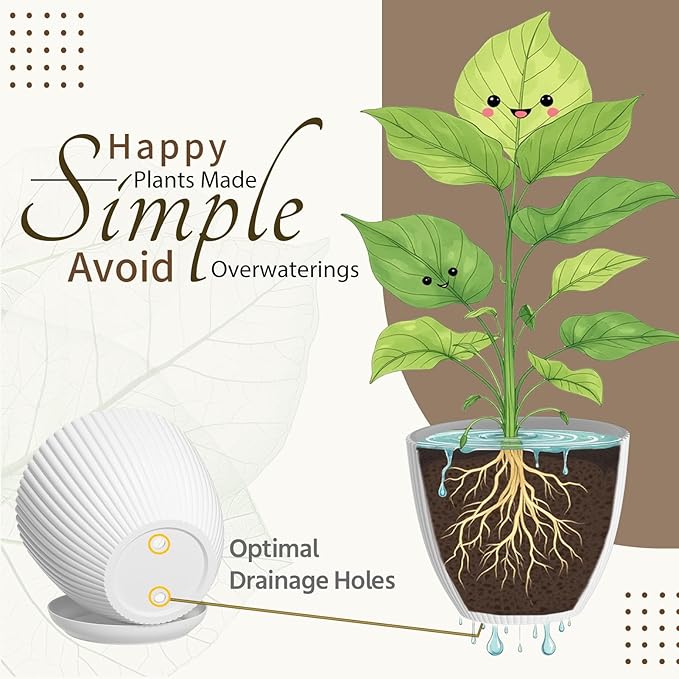 LASZOLA White Plant Pot Plastic Planter with Drainage Holes and Saucer Tray for Indoor Flower, Medium to Small 7.5/6.5/5.5/4.9/4.2/3.5 Inch, Modern House Decorative Gardening Round Pot, Set of 6