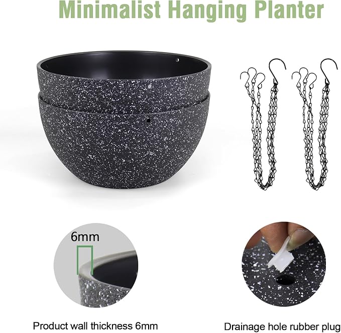 Meowell 10 inch Hanging Planters for Indoor Outdoor Plants, 2 Pack Hanging Flower Plant Pots with Drainage Holes and Chain for Garden Porch, Plastic Hanging Baskets for House Plants, Speckled Black