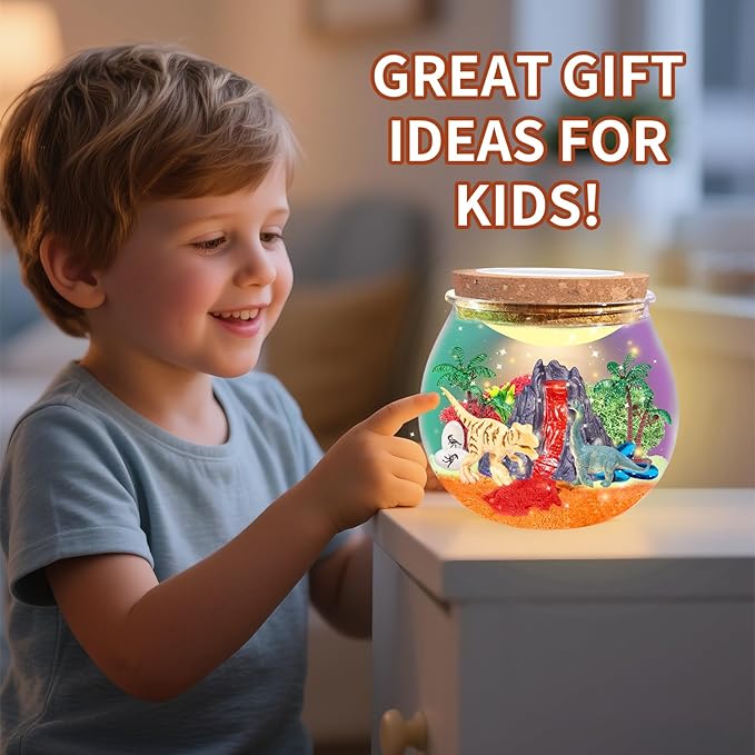 Dinosaur Toys for Boys，Light Up Dinosaur Terrarium kit,DIY Dino Toys,Arts and Crafts Kit for Kid,Christmas Birthday Gifts Ages 4-12 Year Old