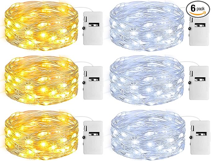 6 Pack Fairy Lights with Timer Battery Operated, 3 Modes 7ft Mini Twinkle Lights Waterproof, 20 LED Bulk String Light for Mason Jars Christmas Decoration Wedding Table Centerpieces,Warm+Cool White