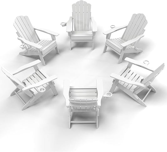 FOOWIN HDPE Adjustable Adirondack Chair Set of 6, 400lbs Heavy Duty Folding Patio Chairs with Cup Holder, 3-Position Reclining Fire Pit Seating, All-Weather Poly Lumber for Backyard, Deck - White