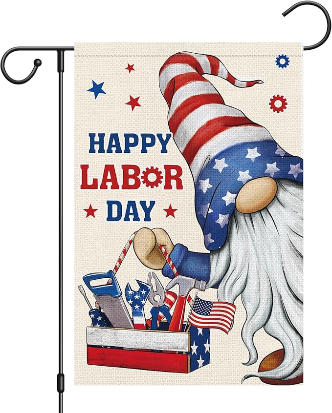 Heyfibro Happy Labor Day Gnome Garden Flag 12 x 18 Double Sided Burlap Working Tools Patriotic USA Flags for Outdoor Outside Farmhouse Decoration (ONLY FLAG)