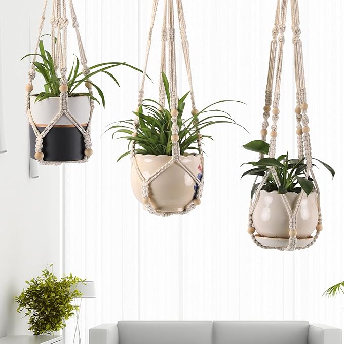 MKO SHUN 3-Pack Macrame Plant Hanger Indoor - Hanging Planter Basket for Indoor Outdoor - Decorative Boho Plant Holders Set with Beads - Ceiling Flower Pot Holder with 6 Hooks - 35"/30"/24" White