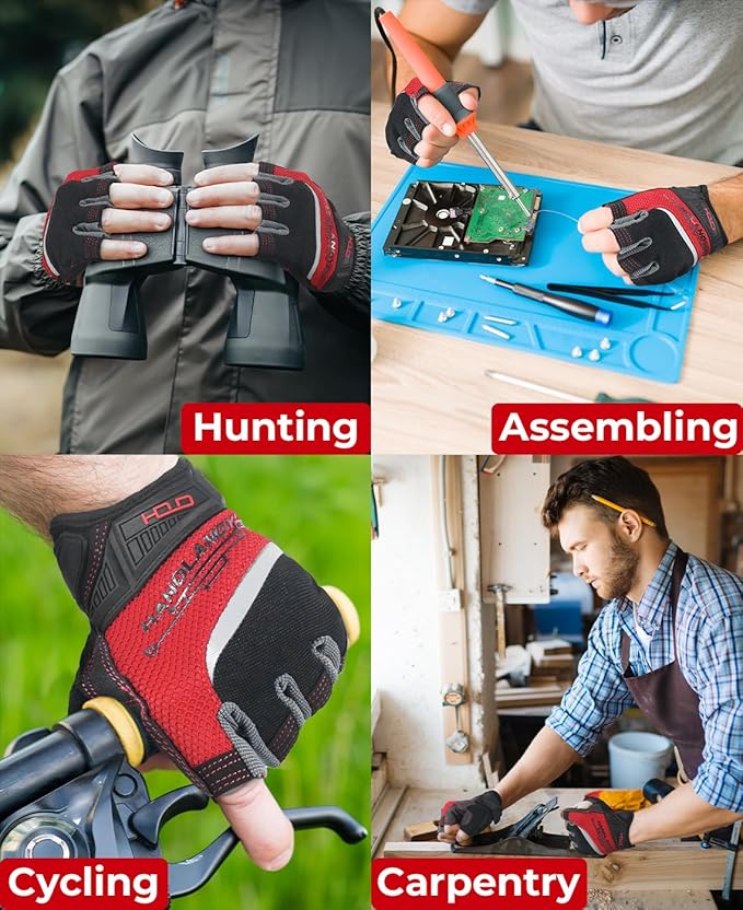 HANDLANDY Fingerless Work Gloves for Men, Half Finger Working Glove Grip Shock-Absorbing Breathable Uwrist TPR Anti-Collision Gloves for Mens & Women (XL)