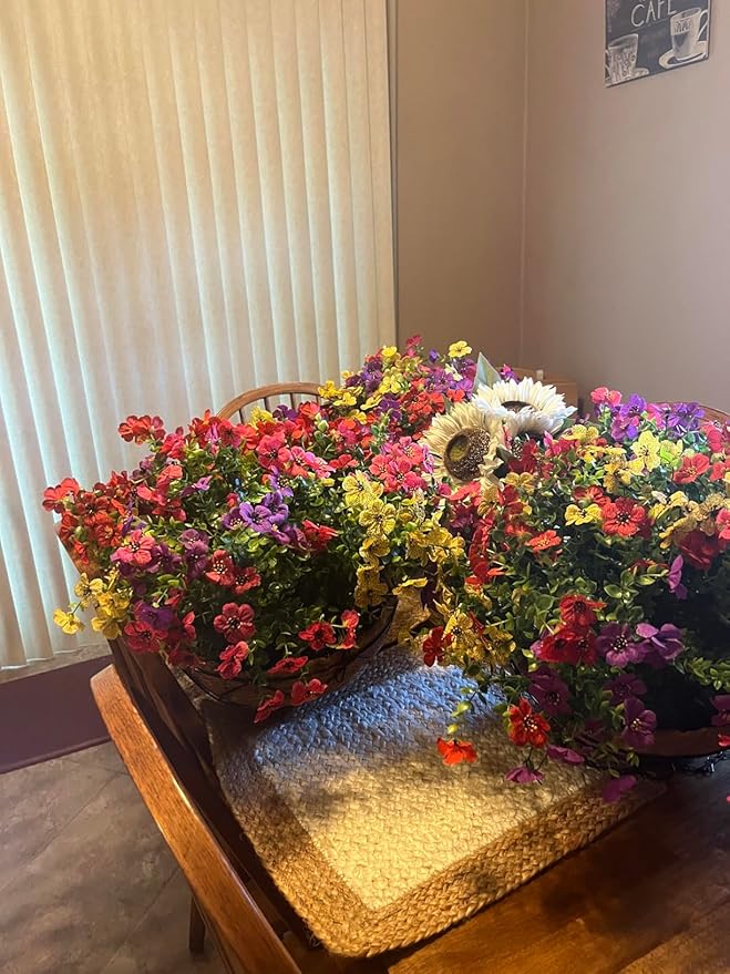 Lamsze Artificial Faux Hanging Plants Flowers Basket for Summer Autumn, Colorful Daisy Flowers Eucalyptus UV Resistant Look Real for Outdoor Outside Porch Decoration