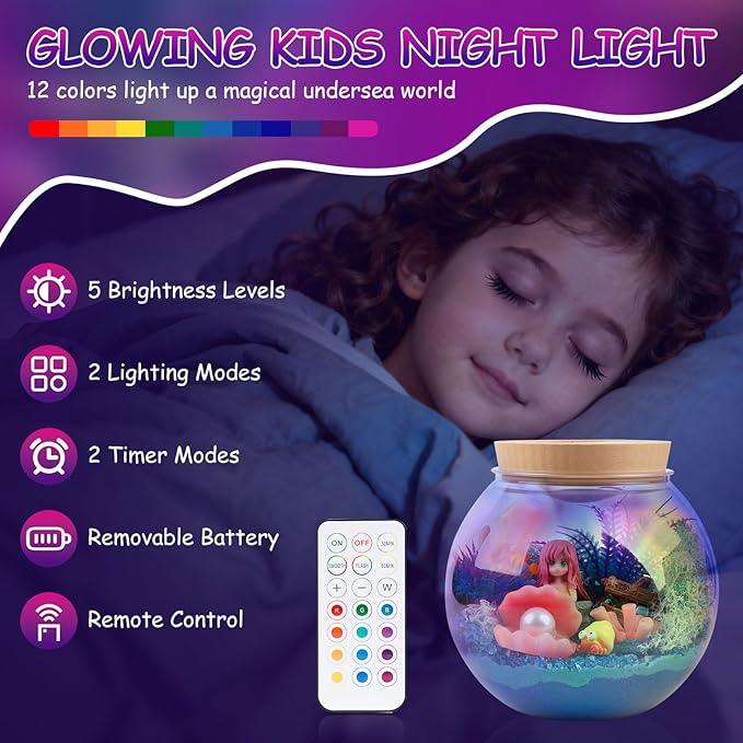 Mermaid Terrarium Kit for Kids - LED Night Light with Remote, DIY Arts and Crafts Birthday Gifts, Mermaid Gifts for Girls Ages 6-12