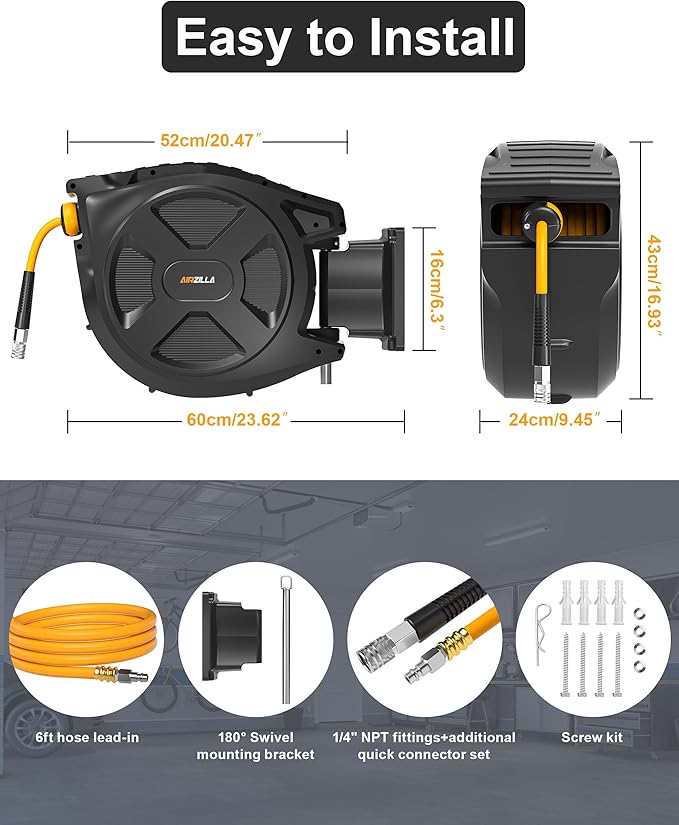 Retractable Air Hose Reel, 3/8" x 100Ft Flex Hybrid Air Hose Max 300PSI Kink-resistant Air Compressor Hose Reel Auto Rewind with 6Ft Lead in, Quick Connect, 180° Swivel Mounting Kit.