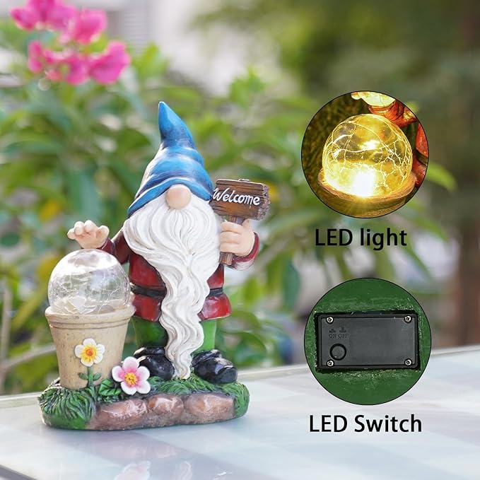 Cynkeyee Garden Gnome Outdoor Statue Decor - Solar Gnomes Figurine, Outdoor Gnome Decor, Gnomes Decorations for Yard with Solar Light, Gnome Sculptures for Patio Lawn Ornaments 6.5x4x8.5 Inch