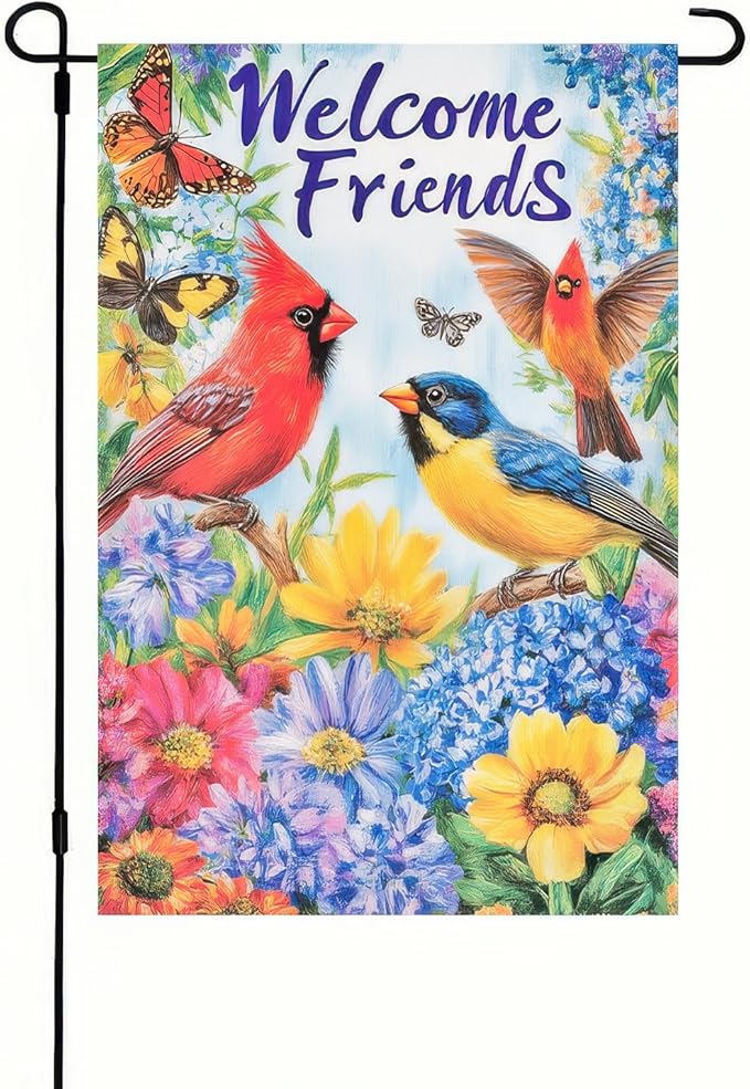 Spring Garden Flag Double Sided Garden Flag Birds Butterflies and Flowers Yard Flags Welcome Friends Design 12x18 Inch Polyester Yard Decoration for Outdoor Lawn and Patio
