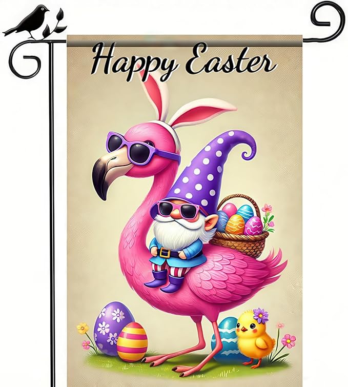 Happy Easter Garden Flag Cute Gnoms 12x18 Inch Double Sided Colorful Easter Eggs Yard Outside Decorations Spring Outdoor Small Decor Seasonal Spring Party Flags
