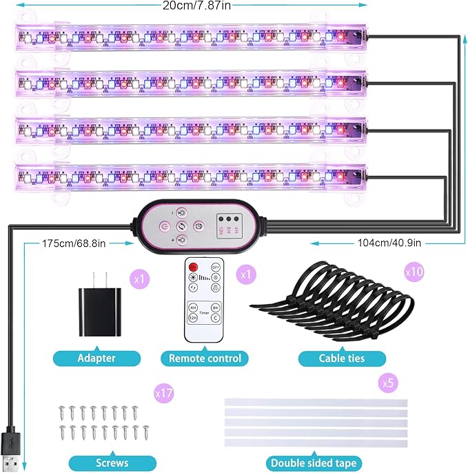 7.8'' Growing Lamp for Indoor Plants, Red & Blue & Yellow Full Spectrum, LED Grow Light Strips with 4/8/12H Timer,10 Dimmable Levels for Green House Succulent,4 Head