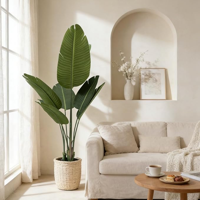 Artificial Travelers Palm Tree 5ft - Faux Tree Nearly Natural Indoor Outdoor, UV-Resistant Tall Artificial Plants, Standing Fake Plant Tree, Bird of Paradise for Home Office Living Room Decor