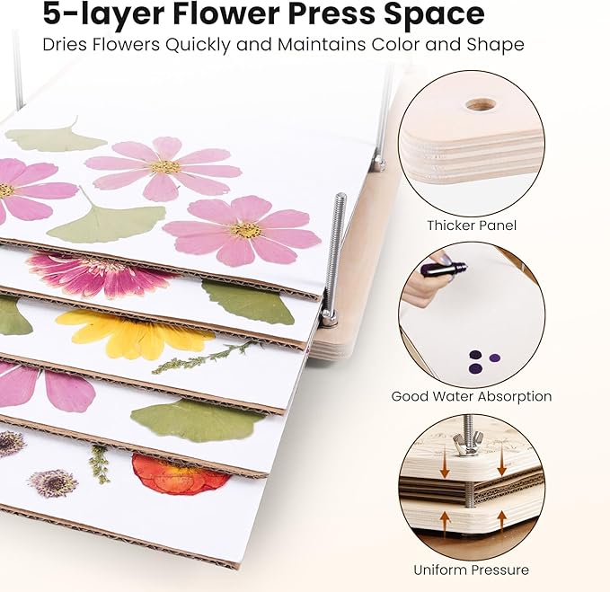 Aboofx Flower Press Kit, Craft Kits 17" x 11.8" 5-Layers Wooden Flower Pressing Kit for Crafts Pressed Flowers and Plant for DIY Art, Preservation for Bookmark Frame Wedding Drying