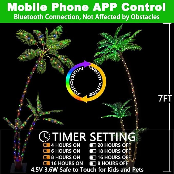SOSHOT 7FT Lighted Artificial Palm Tree with Three Trunks and 242 LED Lights with Remote Control and App Waterproof for Tiki Bars, Patios,Beaches,Yards Pool, Cruise Party-Warm White to Multicolor