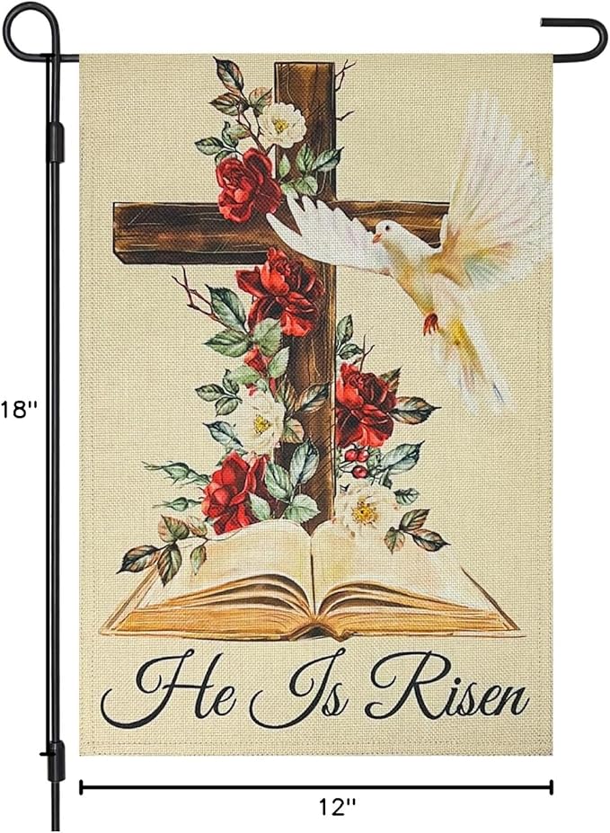 He Is Risen Easter Garden Flag Double Sided 12×18 Inch,Cross Flowersn Dove Decorations Small Burlap Religious Holiday Yard Flags for Outside