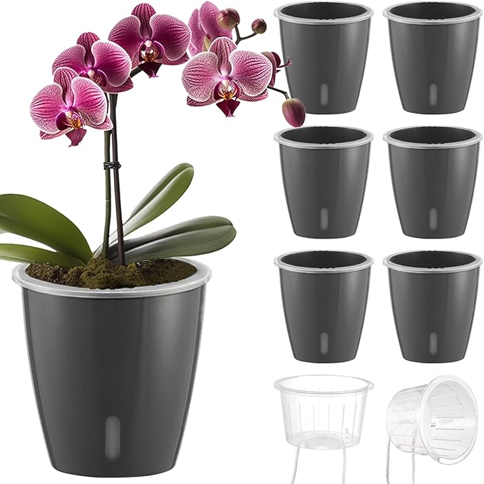 KvyusFlourish Self Watering Pots for Indoor Plants, 6-Pack 5'' Self Watering Planter with Drainage Holes, Small African Violet Pots with Water Indicator, Clear Wick Orchid Pot, Grey Gold